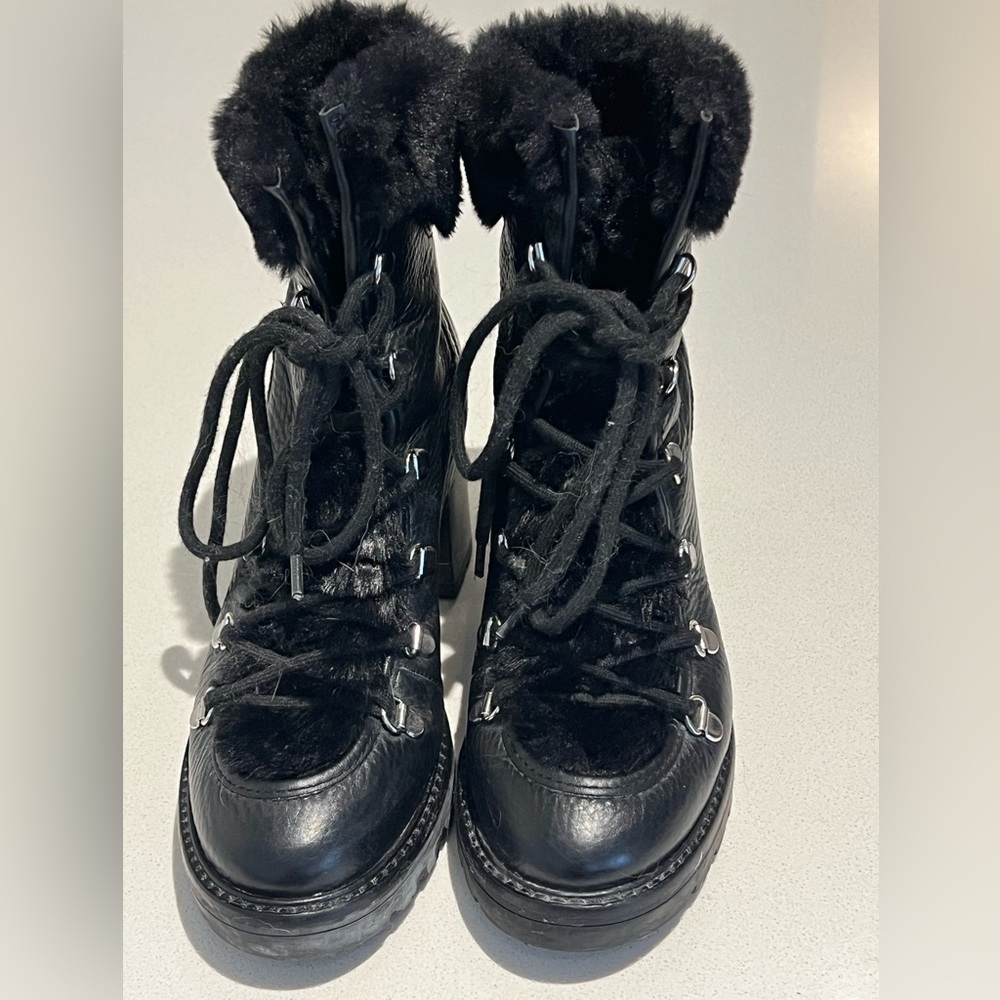 Marc Fischer LTD Woman Lace Up Combat Boot Black Size 8 lined w/ shearling